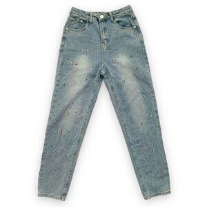 90s Style High Waisted Jeans 2 Blue Light Wash Denim‎ Paint Splatter Taper Retro